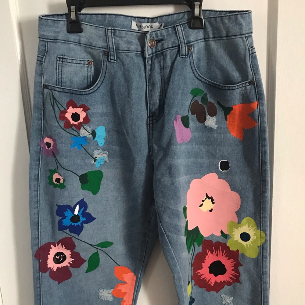 Urban Outfitters Painted Flower Boyfriend Jeans